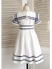 Ivory Navy Blue Stripe Taffeta Knee Length Flower Girl Dress 